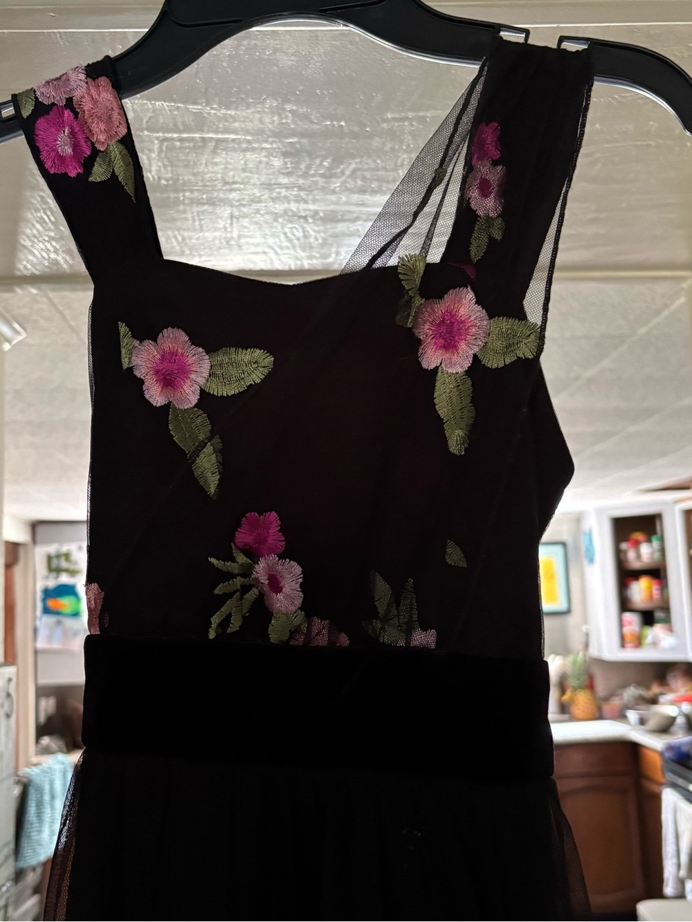 Amy Byer Black Midi Dress with Pink Floral Embroidery and Tulle Size 8 - Picture 8 of 9